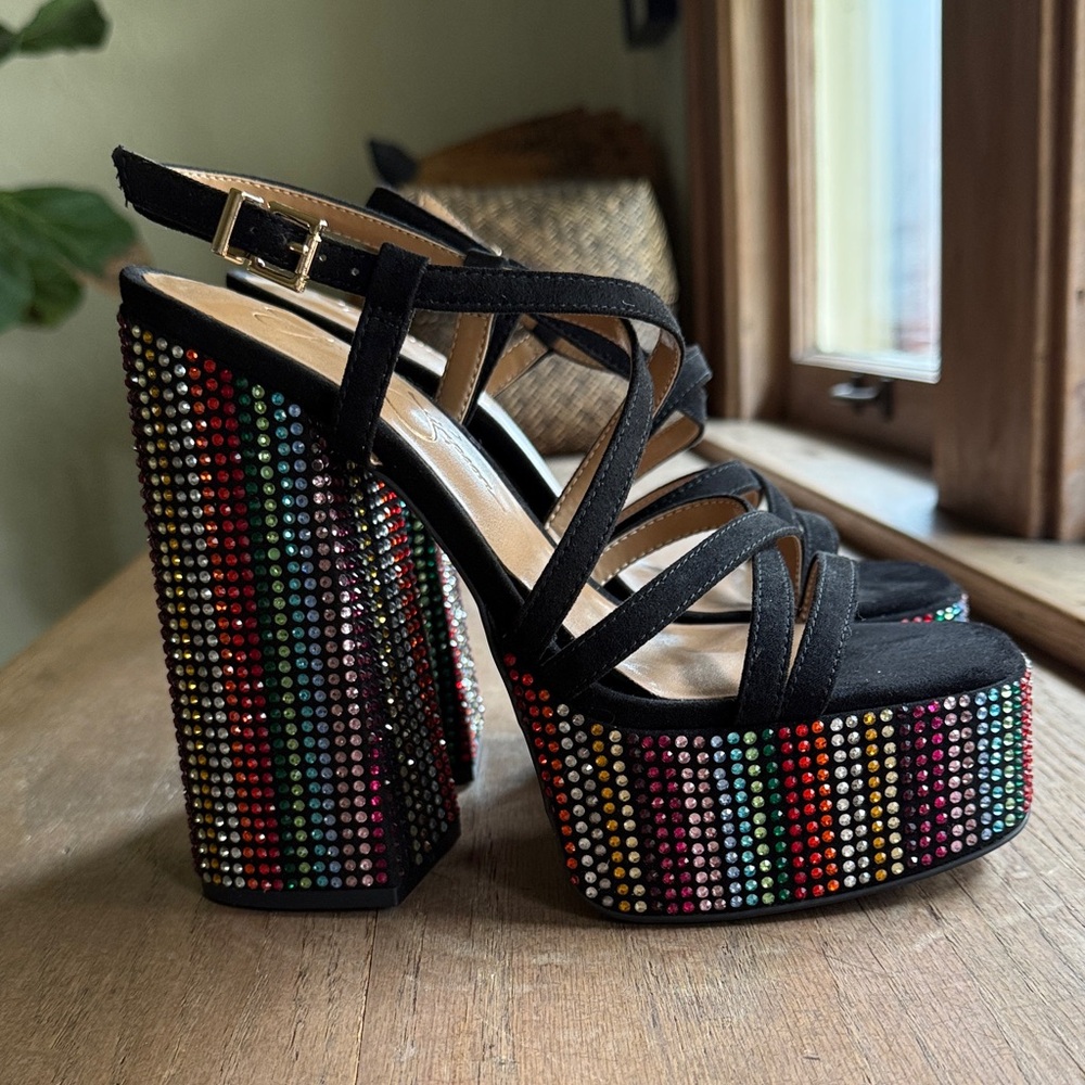 Black Strappy Platform Heels with Multicolor Crystal Embellishment